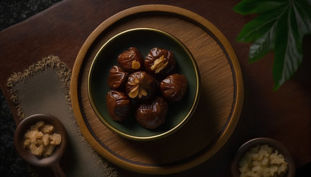Dates in a bowl on a wooden background. Top view.の素材