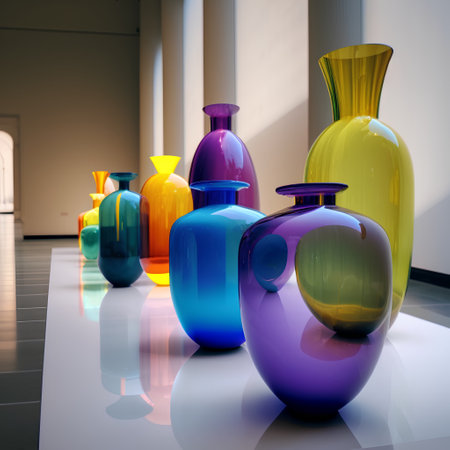 3d render of colorful ceramic vases in modern art gallery.の素材