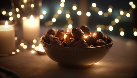 Walnuts in a bowl and burning candles on a background of Christmas lightsの素材