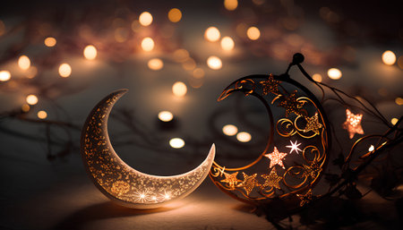 Ramadan Kareem greeting card with golden moon and crescent.の素材