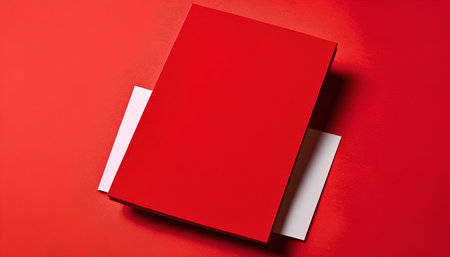 Blank red business cards on red background. Mockup for branding identity.の素材