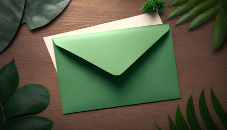 Envelope with green paper on wooden background. 3d renderingの素材