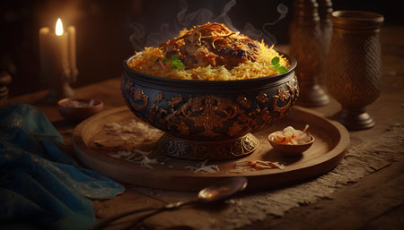 Traditional Uzbek pilaf with meat and spices on a wooden background.の素材