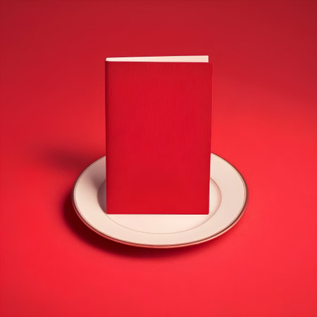 Blank book on a plate on a red background, top viewの素材