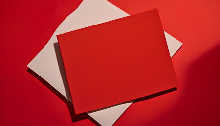 Blank red business cards on red background. Mockup for branding identity.の素材
