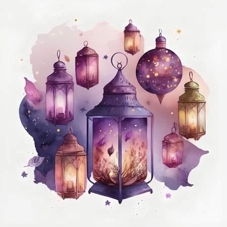 Watercolor illustration of arabic lanterns. Ramadan Kareem.の素材