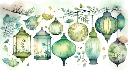 Hand drawn watercolor illustration of Christmas lanterns with green leaves.の素材