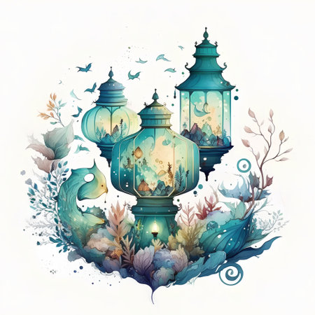 Lantern in the shape of a circle. Watercolor illustrationの素材