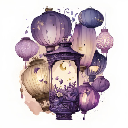 Lanterns and lanterns. Hand drawn watercolor illustrationの素材