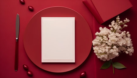 Festive table setting with a blank card on a red background.の素材