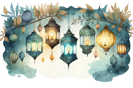 Watercolor illustration of Ramadan Kareem greeting card with traditional arabic lanterns.の素材