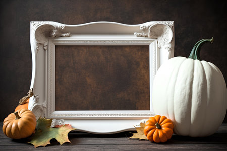 White vintage frame with pumpkins and autumn leaves on wooden background.の素材