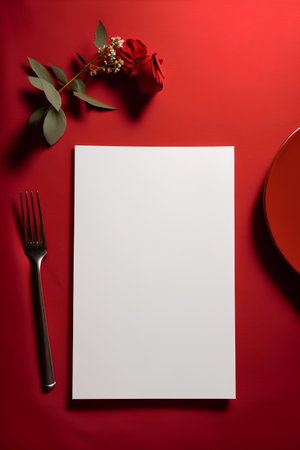 Blank white paper on red background with cutlery, top viewの素材