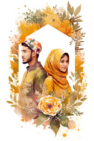Hijab couple in love. Watercolor floral background. Vector illustration.の素材