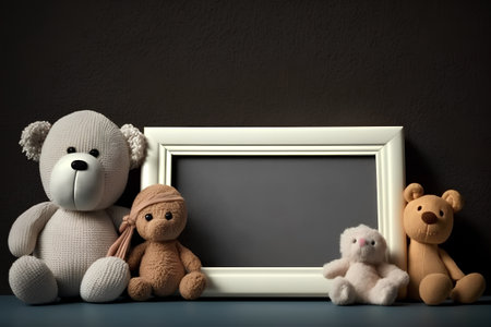 Teddy bear and blackboard on blue table with dark wall backgroundの素材