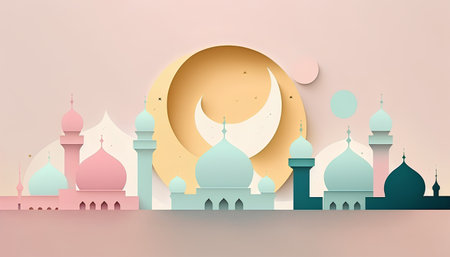 Ramadan Kareem background with mosque and moon. Paper art style. Vector illustration.の素材