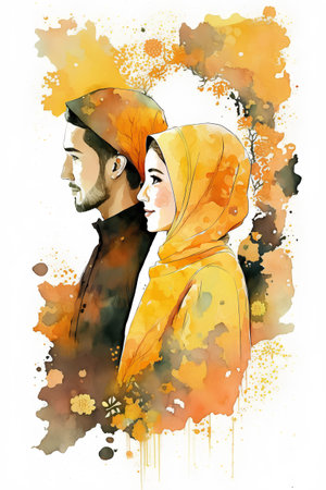Watercolor illustration of a Muslim couple in traditional clothes. Vector illustrationの素材
