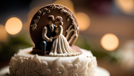 Wedding cake with bride and groom on the background of bokehの素材