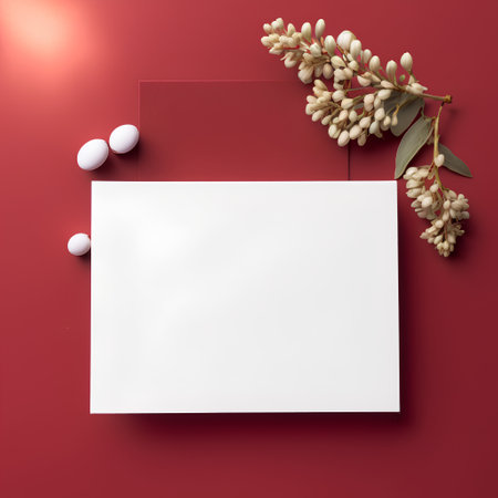 Blank greeting card mockup with white flowers on red background.の素材