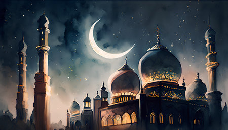Ramadan Kareem background with mosque and crescent moon illustration.の素材