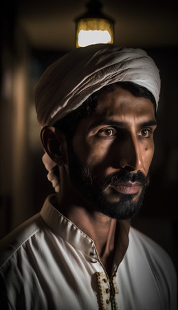Portrait of a young Indian man wearing a turban at nightの素材