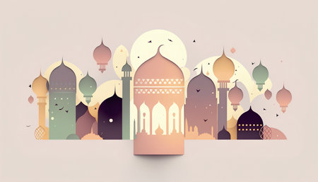 Eid mubarak greeting card design with mosque. Vector illustration.の素材