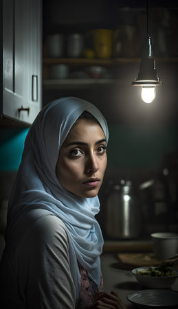 Portrait of young muslim woman sitting in the kitchen at nightの素材