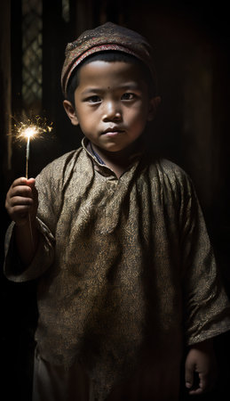 Portrait of a little boy holding a sparkler in his handsの素材