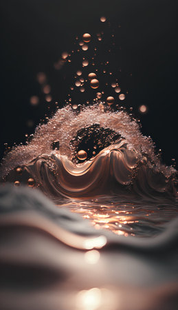 Abstract water splash with gold bokeh effect. 3d renderingの素材