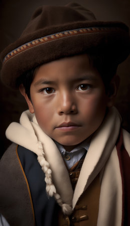 Portrait of a boy wearing a hat and coat, close upの素材