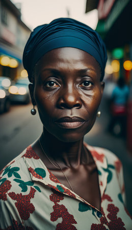 young beautiful african american woman in traditional clothes and headscarf posing on the streetの素材