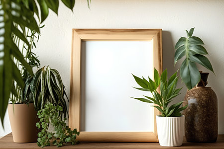Blank picture frame mockup with green plant in pot on wooden table.の素材