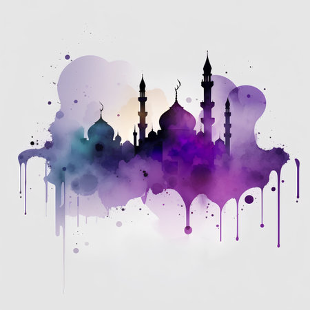 Colorful watercolor background with mosque silhouettes. Vector illustration.の素材