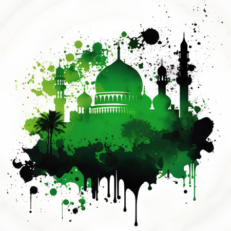 Abstract grunge background with mosque, palms and ink splashes.の素材