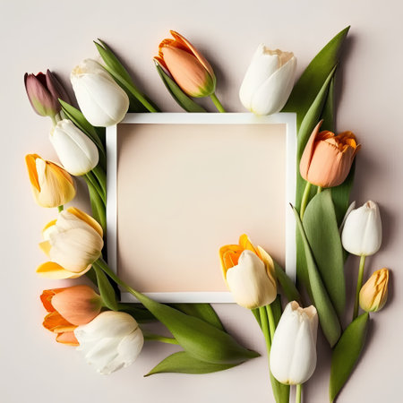 White, orange and yellow tulips with green leaves on pastel backgroundの素材
