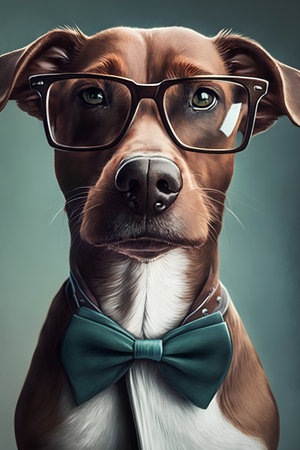 Portrait of a funny dog with glasses and bow tie on a gray background.の素材