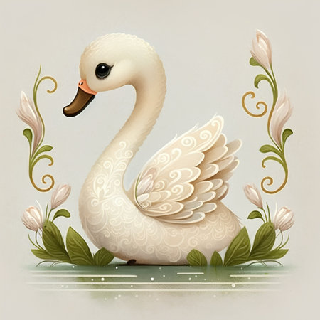 White swan with flowers on the water. Illustration in vector formatの素材