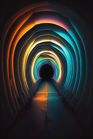 Abstract tunnel with glowing lights on a dark background. 3d rendering