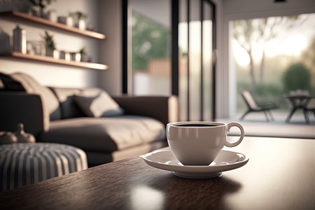 Cup of coffee on the table in the living room. 3d renderingの素材