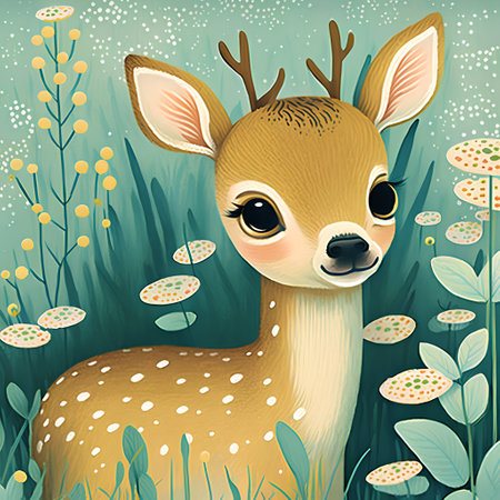 cute little deer in the forest. watercolor illustration for kidsの素材