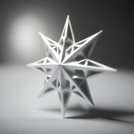 Silver christmas star on a dark background. 3D illustration.の素材