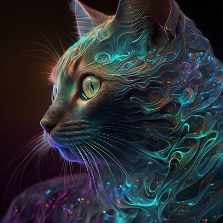 Fractal cat. Computer generated 3D photo rendering. Colorful background.の素材