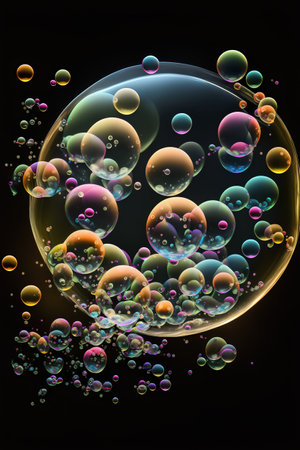 Colorful soap bubbles on black background. 3D rendered illustration.の素材