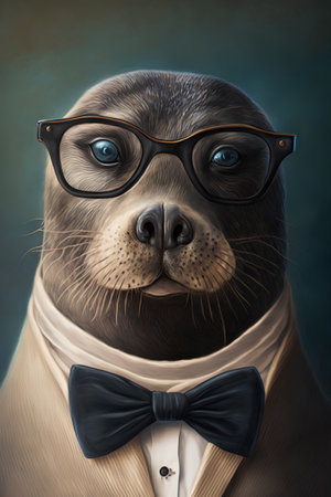 Portrait of a sea lion wearing a bow tie and glasses.の素材
