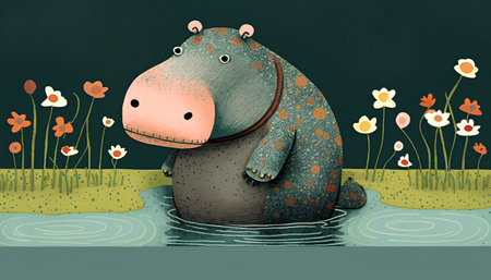 cartoon hippo in the pond with flowers - illustration for childrenの素材