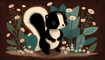 cute little skunk in the forest with flowers. vector illustrationの素材