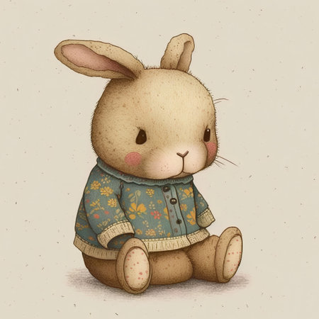 Cute little bunny sitting on the floor. Hand drawn illustration.の素材