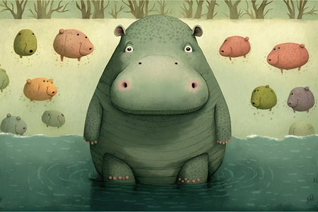 cartoon scene with hippo in the river - illustration for childrenの素材