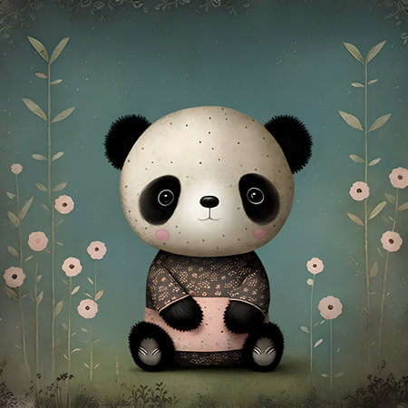 Illustration of a cute panda sitting on a grass with flowersの素材