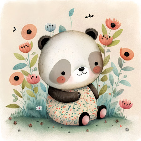 Cute cartoon panda with flowers. Hand-drawn illustration.の素材